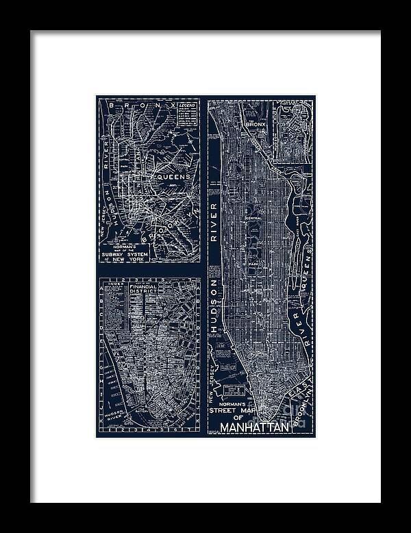 New York City Framed Print featuring the painting Vintage New York City Street Map by Mindy Sommers