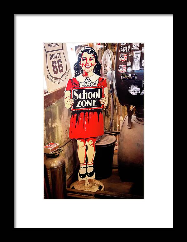 Route 66 Framed Print featuring the photograph Vintage school zone sign by Tatiana Travelways