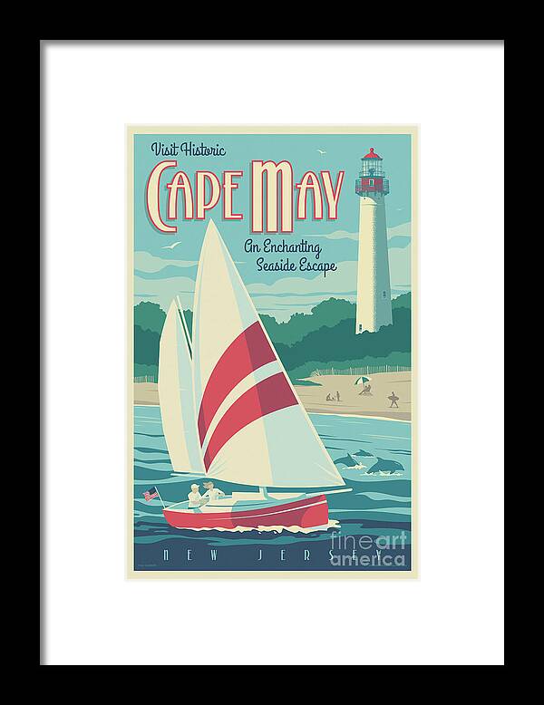 Travel Poster Framed Print featuring the digital art Cape May Poster - Vintage Travel Lighthouse by Jim Zahniser