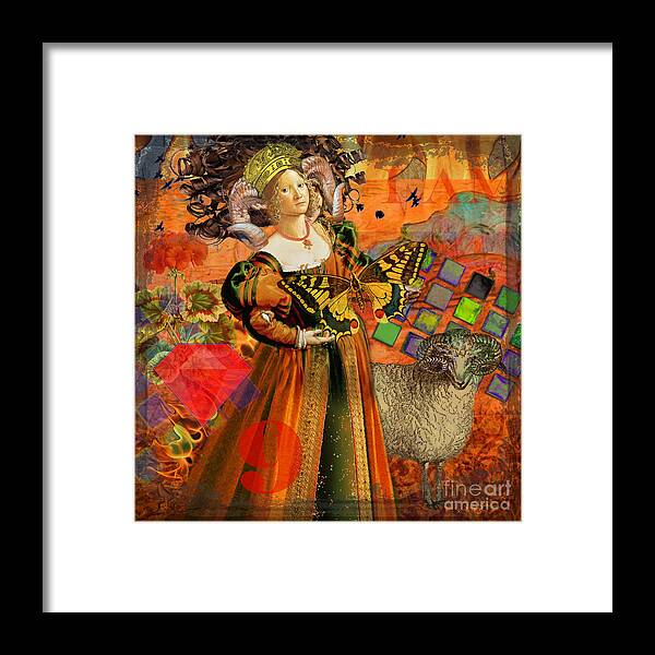 Doodlefly Framed Print featuring the digital art Vintage Taurus Gothic Whimsical Collage Woman Fantasy by Mary Hubley