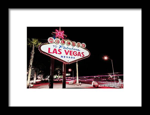 Las Vegas Sign Framed Print featuring the photograph Vintage Welcome to Fabulous Las Vegas Neon Cityscape by Gregory Ballos