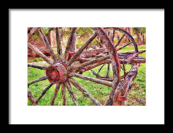 North Carolina Framed Print featuring the painting Vintage Wooden Wagon Wheel at Mabry Mill AP by Dan Carmichael