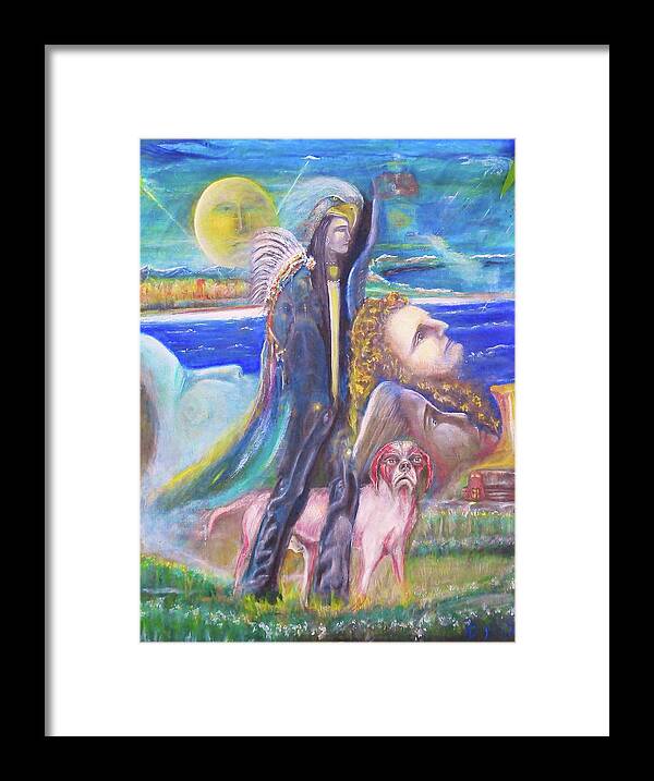Native Amerian Framed Print featuring the painting Visiting Star Beings by Kicking Bear Productions