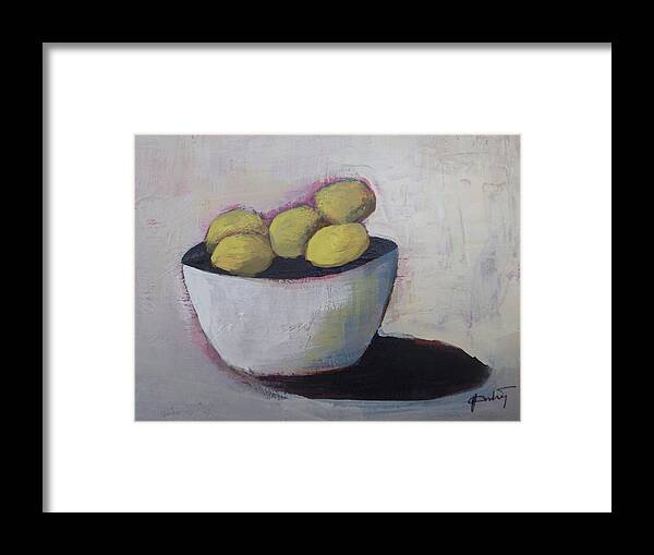 Abstract Framed Print featuring the painting Vitamins in Bowl by Vesna Antic