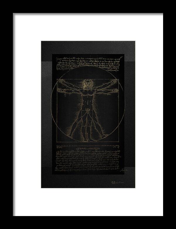 'antique-vintage-retro' Collection By Serge Averbukh Framed Print featuring the digital art Vitruvian Man by Leonardo da Vinci in Gold on Black by Serge Averbukh