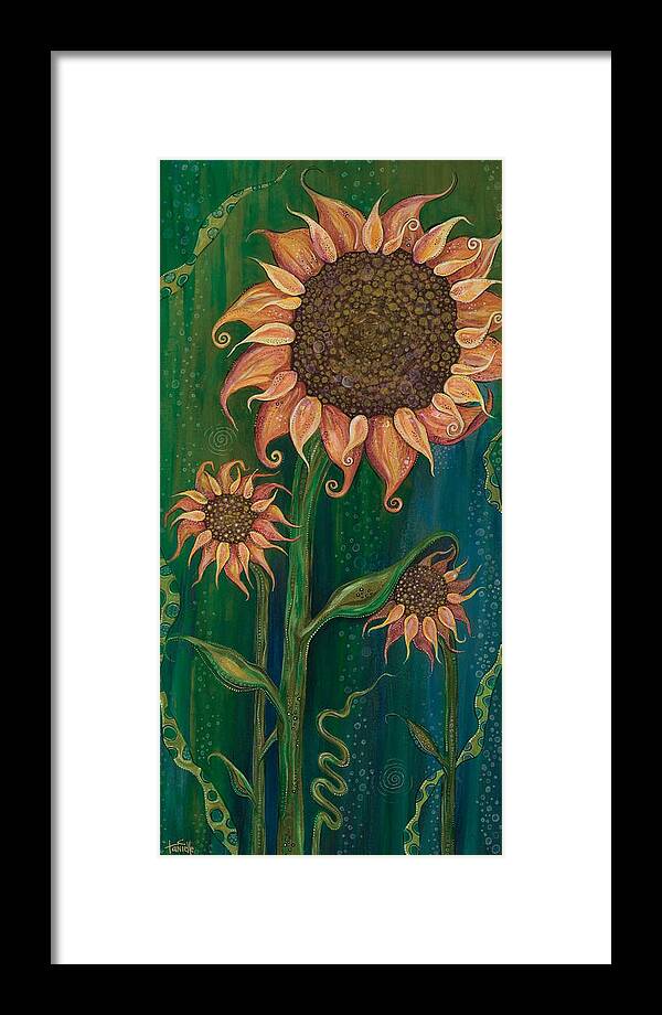Sunflowers On Green Background Framed Print featuring the painting Vivacious by Tanielle Childers