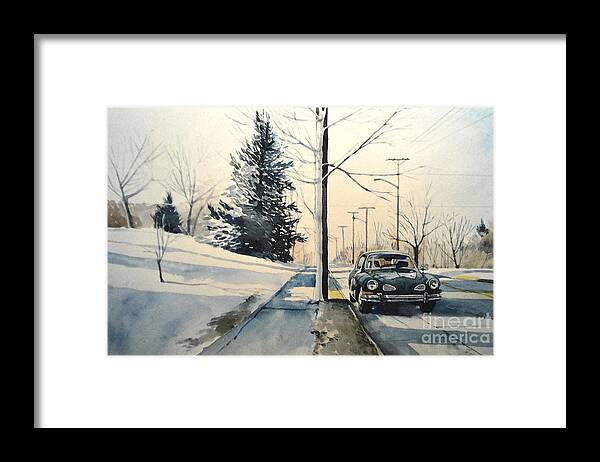 Volkswagen Framed Print featuring the painting Volkswagen Karmann Ghia on snowy road by Christopher Shellhammer
