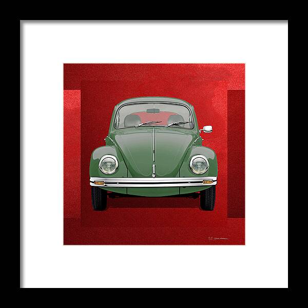 'volkswagen - Bugs And Buses' Collection By Serge Averbukh Framed Print featuring the digital art Volkswagen Type 1 - Green Volkswagen Beetle on Red Canvas by Serge Averbukh
