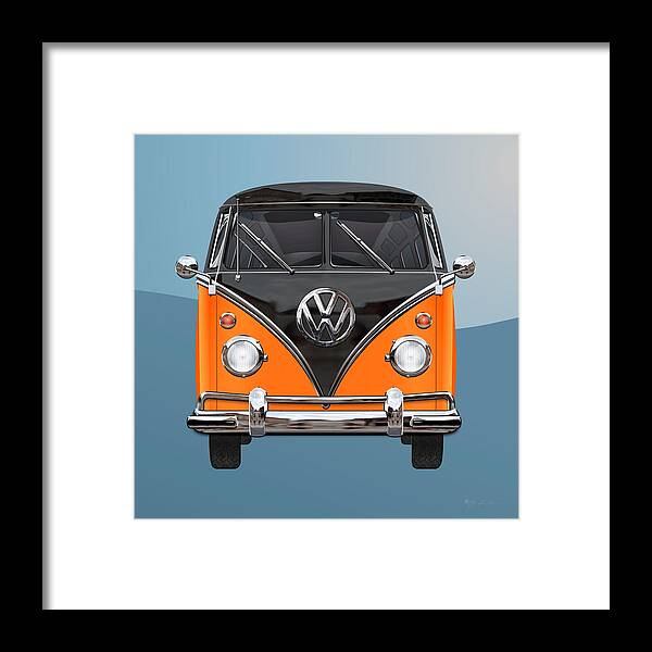 'volkswagen Type 2' Collection By Serge Averbukh Framed Print featuring the digital art Volkswagen Type 2 - Black and Orange Volkswagen T 1 Samba Bus over Blue by Serge Averbukh