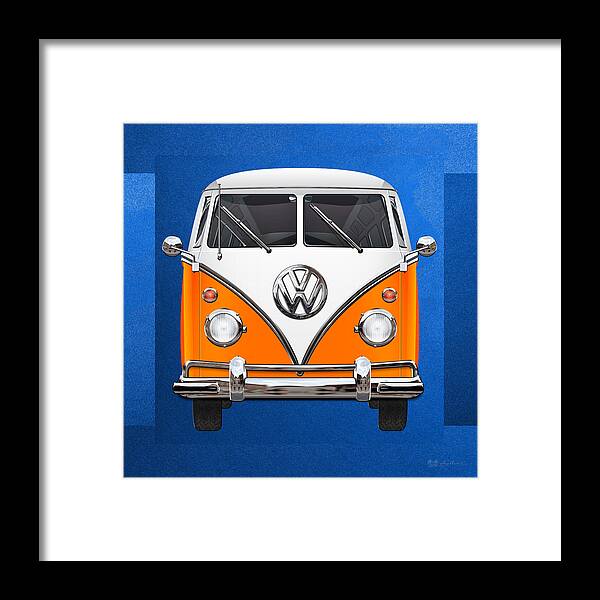 'volkswagen Type 2' Collection By Serge Averbukh Framed Print featuring the photograph Volkswagen Type - Orange and White Volkswagen T 1 Samba Bus over Blue Canvas by Serge Averbukh