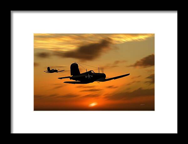 Chance Vought Corsair Framed Print featuring the digital art Vought Corsairs at sunset by John Wills