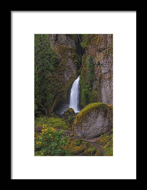 Loree Johnson Framed Print featuring the photograph Wahclella Falls from Above by Loree Johnson