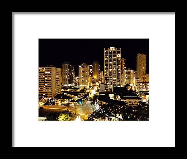 Waikiki; Oahu; Hawaii; City; Night; Skyline; Hotel; Hotels; City; Skyline Framed Print featuring the photograph Waikiki Nights by Gerard Fritz