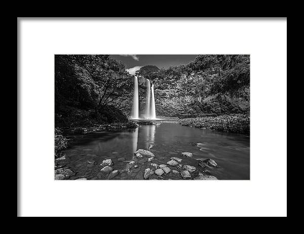 Wailua Falls Framed Print featuring the photograph Wailua Falls Kauai BW by Pierre Leclerc Photography