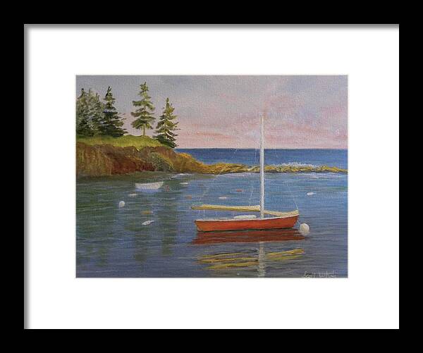 Sailboat Seascape Landscape Ocean Water Waves Sky Framed Print featuring the painting Waiting For The Wind by Scott W White