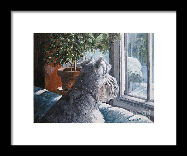 Schnauzer Framed Print featuring the painting Waiting Patiently by Anda Kett