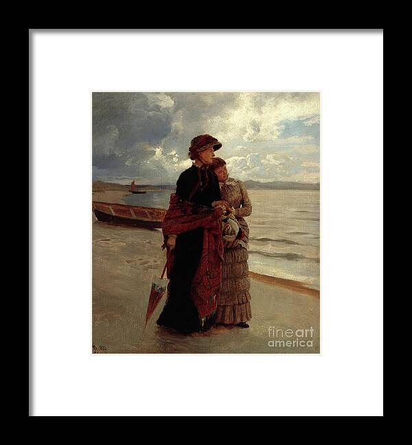 Hans Gude Landscape Framed Print featuring the painting Walk on the beach Rugen by Hans Gude