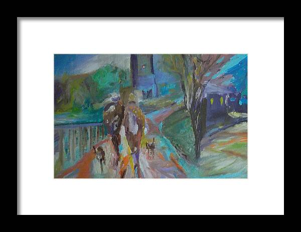 Cityscape Framed Print featuring the painting Walkin the Dogs by Susan Esbensen