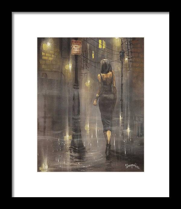 Patsy Cline; Woman In Black Dress; Foggy Alley; Night City Scene; City Rain; Tom Shropshire Painting; Figure Art Framed Print featuring the painting Walking After Midnight by Tom Shropshire