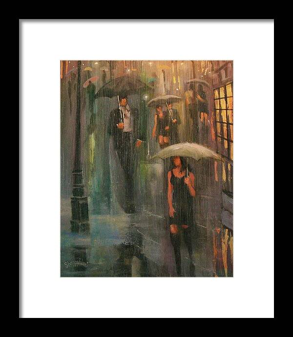  Downpour Framed Print featuring the painting Walking in the Rain by Tom Shropshire