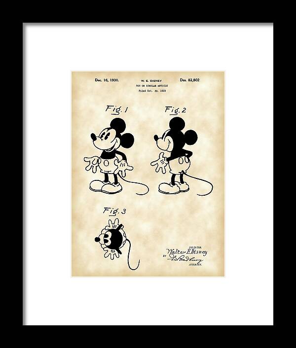 Mickey Mouse Framed Print featuring the digital art Walt Disney Mickey Mouse Patent 1929 - Vintage by Stephen Younts