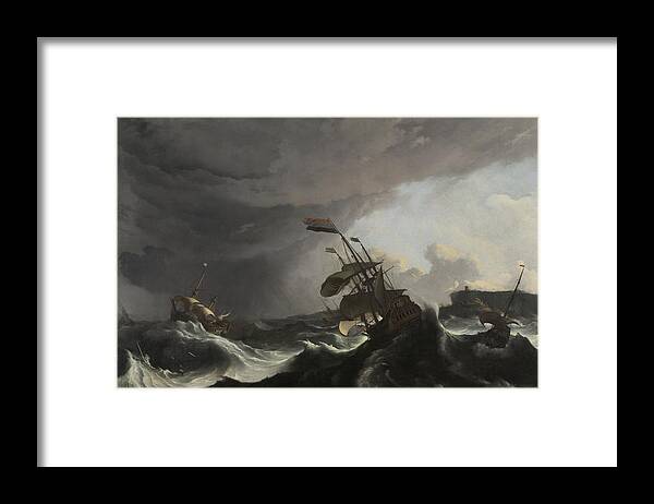 Warships In A Heavy Storm Framed Print featuring the painting Warships in a Heavy Storm Ludolf Bakhuysen c 1695 by Vintage Collectables