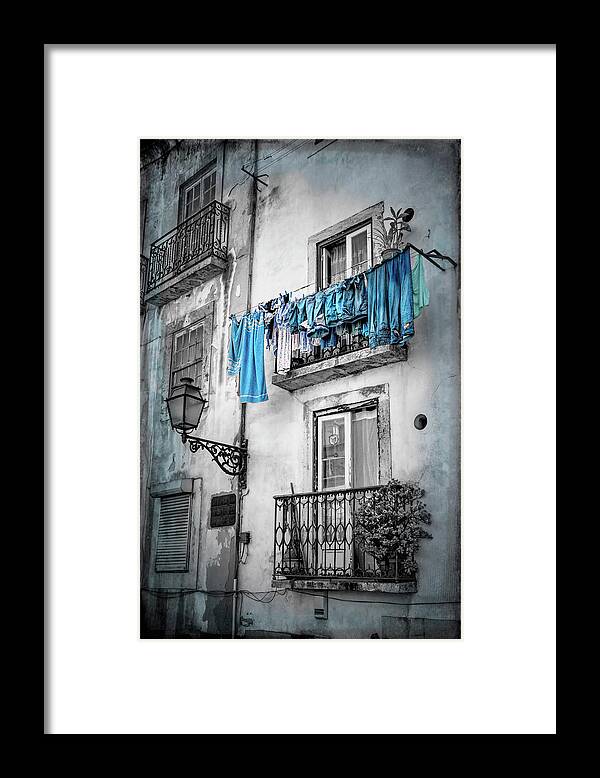 Lisbon Framed Print featuring the photograph Washday Blues in Lisbon Portugal Black and White by Carol Japp