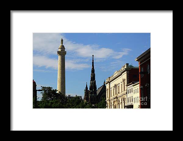 Baltimore Framed Print featuring the photograph Washington Monument and United Methodist Church spire Baltimore by James Brunker