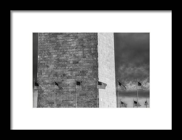 Washington Memorial Framed Print featuring the photograph Washington Monument And USA Flags BW by Susan Candelario