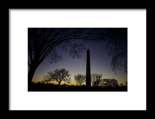 Washington Monument Framed Print featuring the photograph Washington Monument at Twilight with Moon by Art Whitton