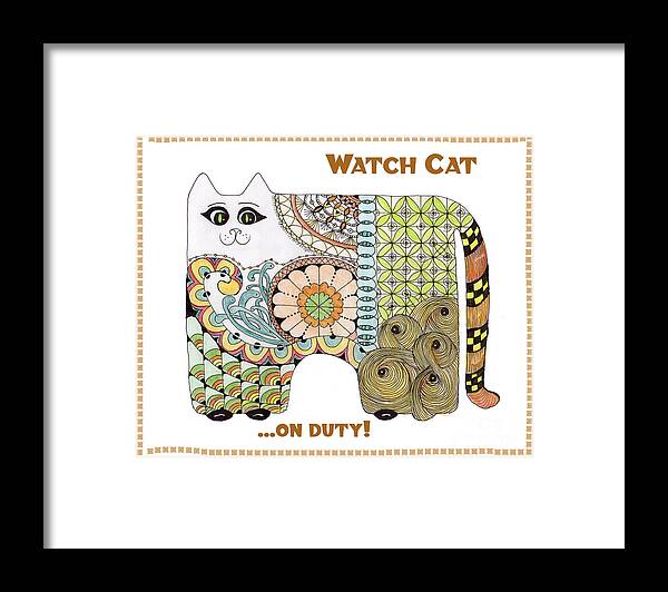 Kitty Cat Zentangles Doodles Watercolor Geometrics Framed Print featuring the tapestry - textile Watch Cat...on duty by Ruth Dailey