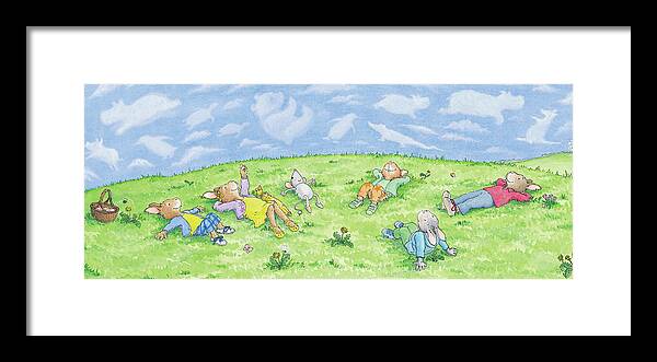 Breezy Bunnies Framed Print featuring the painting Watching the Clouds Roll By -- No Text by June Goulding