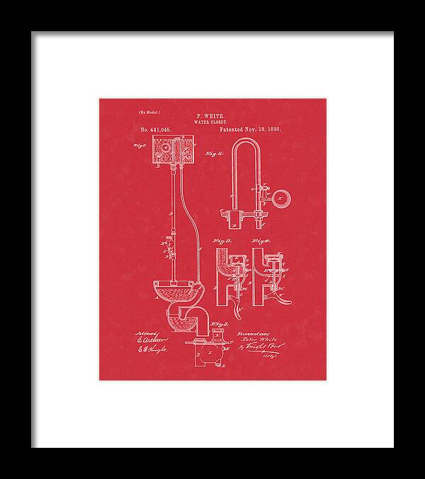 Toilet Framed Print featuring the drawing Water Closet Patent Art Red by Prior Art Design