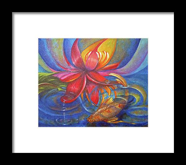 Curvismo Framed Print featuring the painting Water Lily and Koi by Sherry Strong