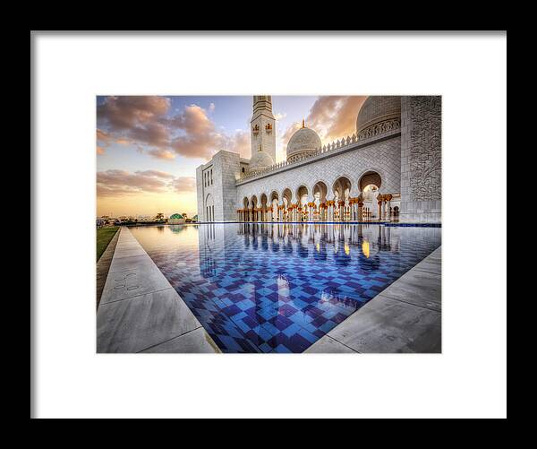 Abstract Framed Print featuring the photograph Water Sunset Temple by John Swartz