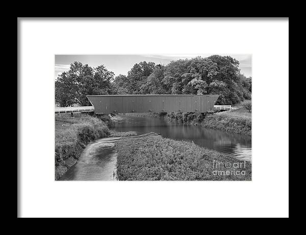 Hogback Covered Bridge Framed Print featuring the photograph Water Under The Hogback Bridge Black And White by Adam Jewell