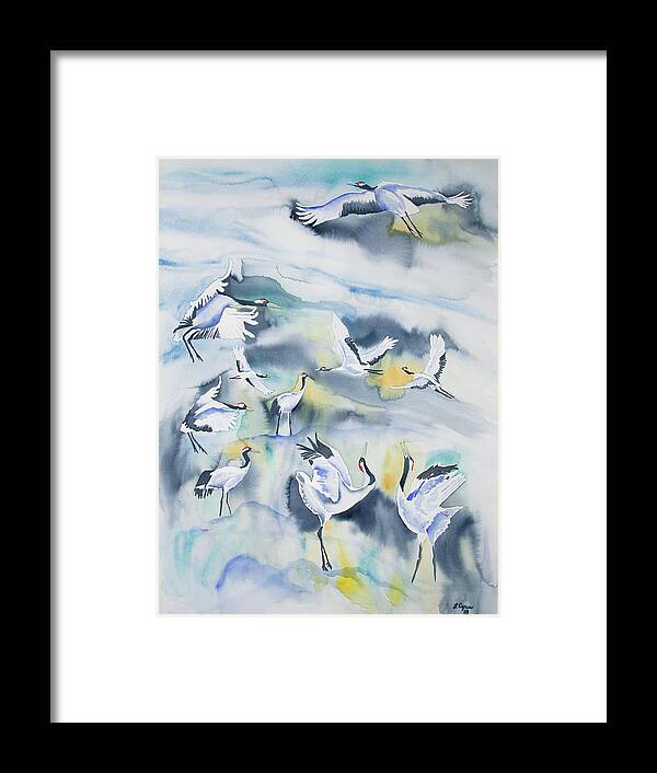 Crane Framed Print featuring the painting Watercolor - Crane Ballet by Cascade Colors