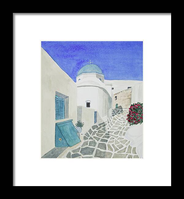 Paros Framed Print featuring the painting Watercolor - Paros Church and Street Scene by Cascade Colors