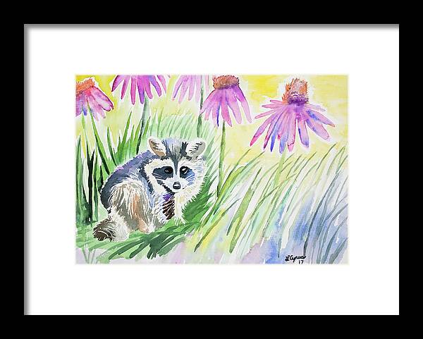 Raccoon Framed Print featuring the painting Watercolor - Young Raccoon in the Garden by Cascade Colors