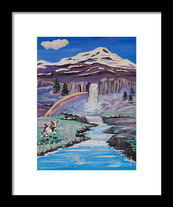 High Mountains Framed Print featuring the painting Waterfalls Rainbows and a Silly Goat by Phyllis Kaltenbach