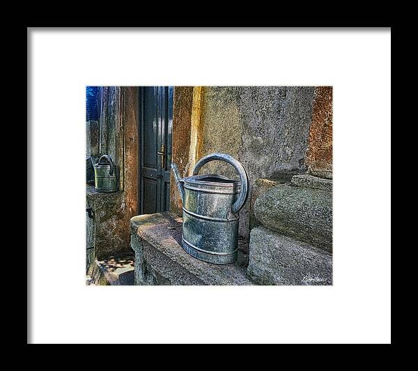 Watering Cans Framed Print featuring the photograph Watering Cans by Diana Haronis
