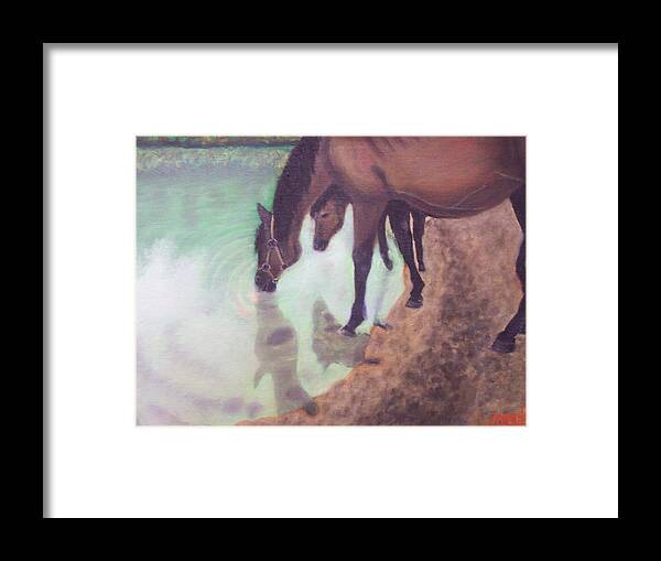 Horses Water Land Scape Reflection Framed Print featuring the painting Watering Hole by Charles Vaughn