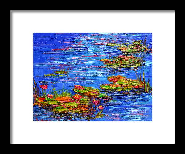 Lily Pads Framed Print featuring the painting Waterlily Pond - Lily Pads in a Morning Light - Modern Impressionist Knife Palette Oil Painting by Patricia Awapara