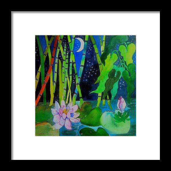 Landscape Framed Print featuring the painting Waterlillies at Midnight by Esther Woods