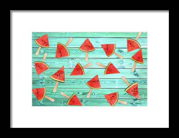Summer Framed Print featuring the photograph Watermelon popsicles on blue by Delphimages Photo Creations