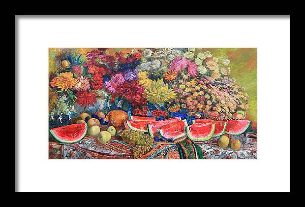 Maya Gusarina Framed Print featuring the painting Watermelon Symphony by Maya Gusarina