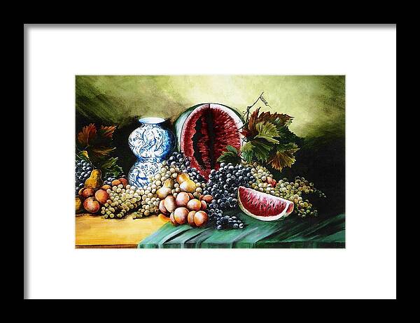 Still Life Framed Print featuring the painting Watermelon with Blue Delft Jar by Patricia Rachidi