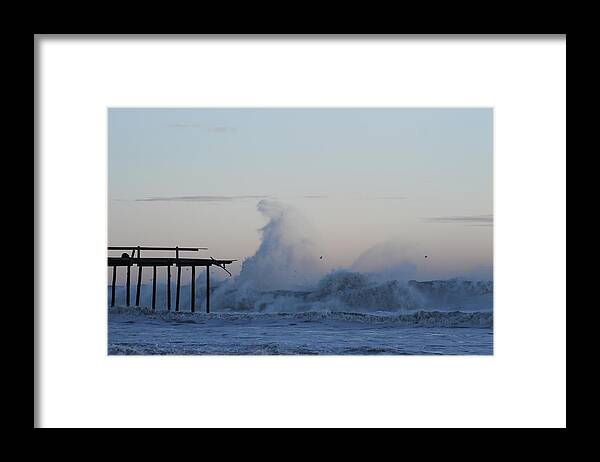 Water Framed Print featuring the photograph Wave Towers Over OC Fishing Pier by Robert Banach