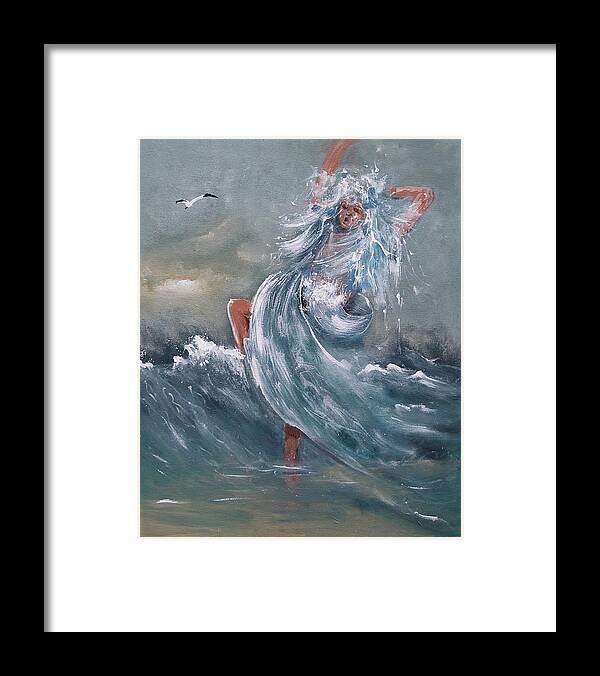 Miroslaw Chelchowski Wave Within Acrylic On Canvas Print Ocean Water Sea Woman Wave Beach Seagull Evening Seascape Abstract Blue Dance Splattered Splash Cloudy Hair Framed Print featuring the painting Wave Within by Miroslaw Chelchowski