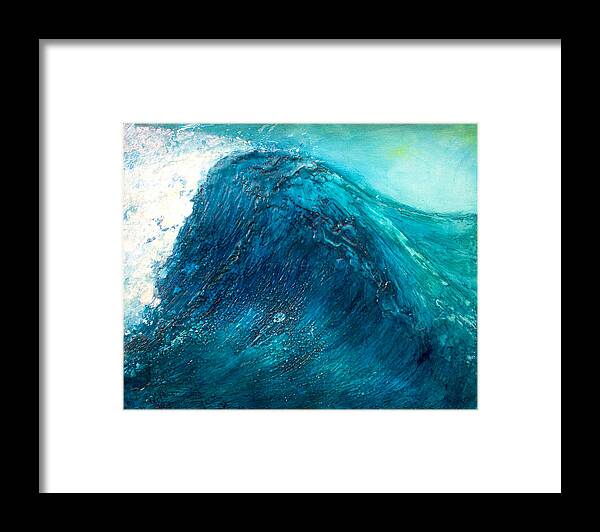 Wave Blue Wave Sea Water Seascape Rising Wave Mixed Media Encaustic Painting Original Canvas Wax Oil Framed Print featuring the painting wave X by Martine Letoile